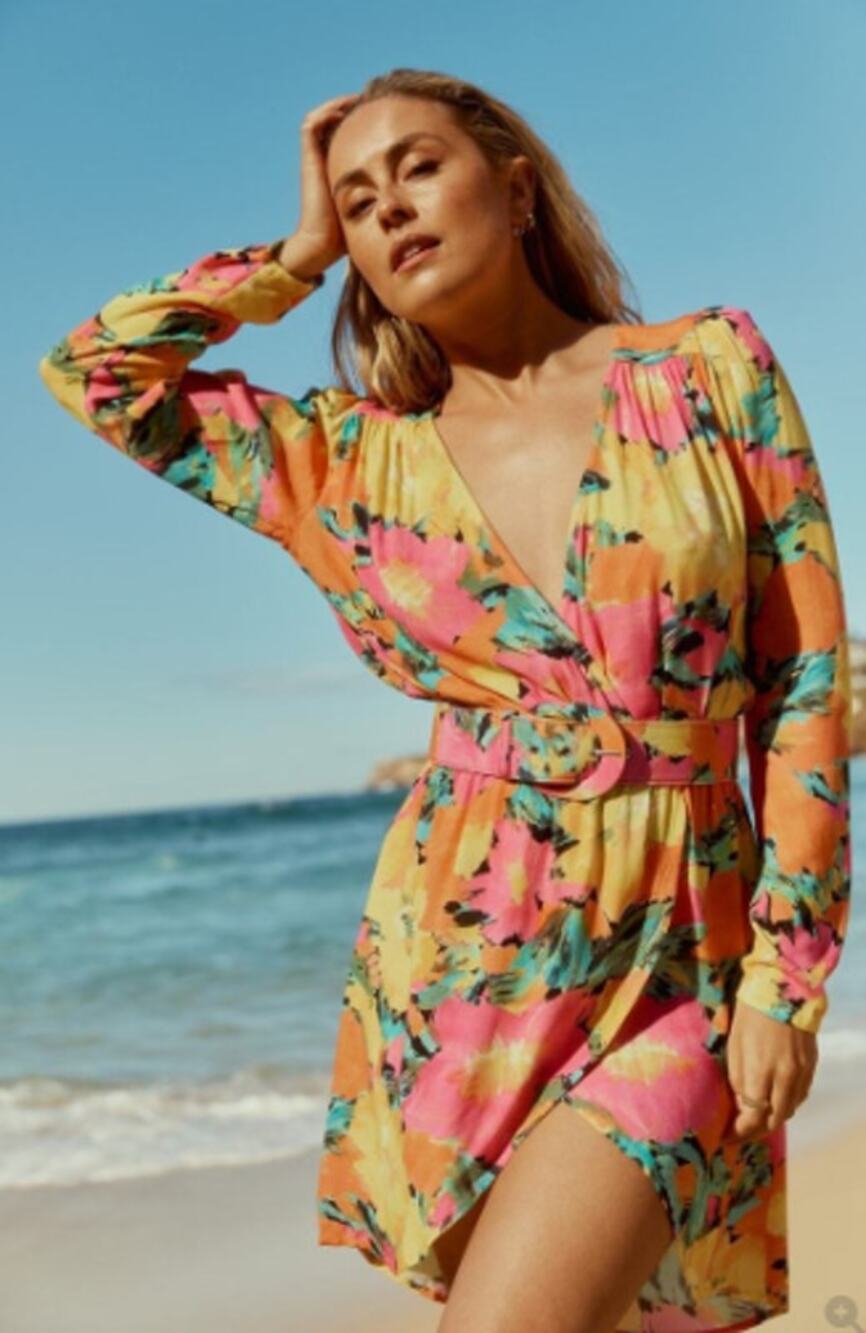 Jen's Pirate Booty Ambrosia Floral Belted Mini Dress Surplice Faux Wrap Pink XS